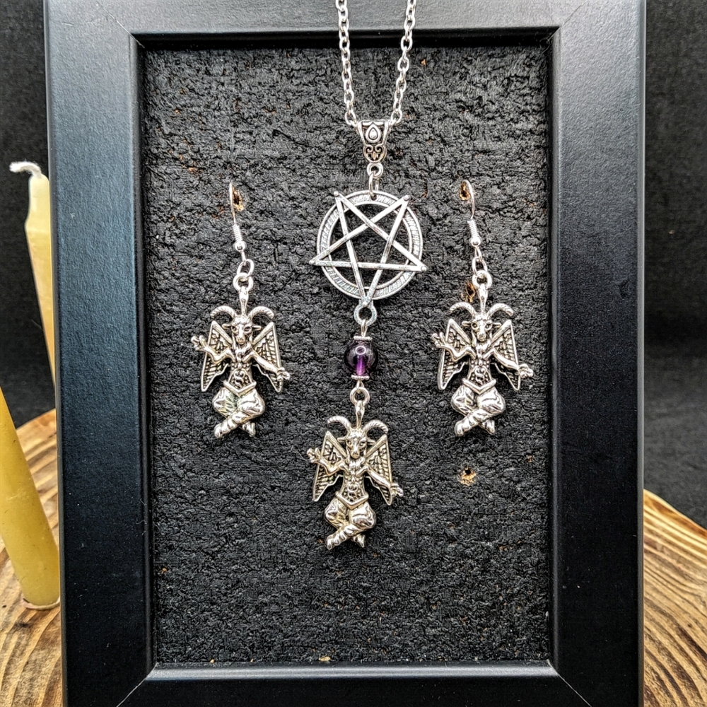 Baphomet Unisex Necklace and Earring Jewelry Set Amethyst Stone
